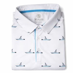 Scales Center Console Boat Print Short Sleeve Polo 2X Large White Aqua